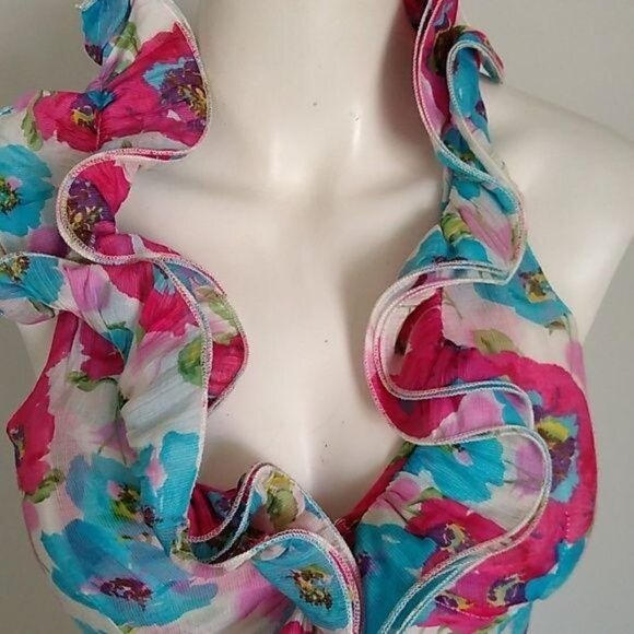Point Halter Top Ruffle Blue Pink Floral Womens Sm - Picture 3 of 7